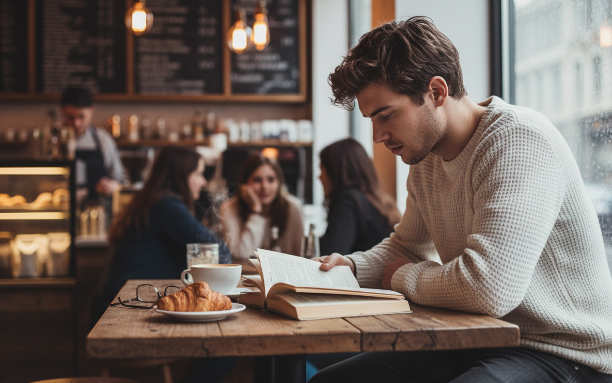 Парень читает книгу в кафе