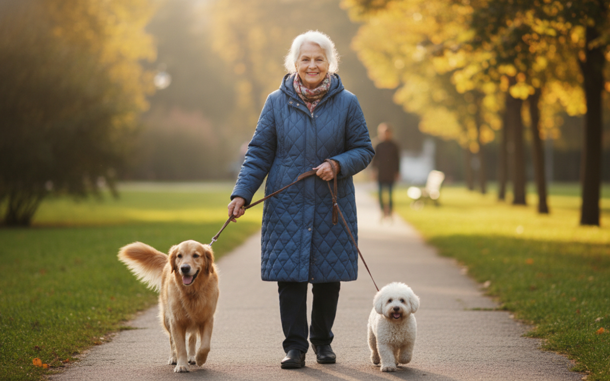 Бабушка выгуливает собак