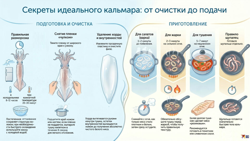 Таблица-шпаргалка по чистке и приготовлению кальмара
