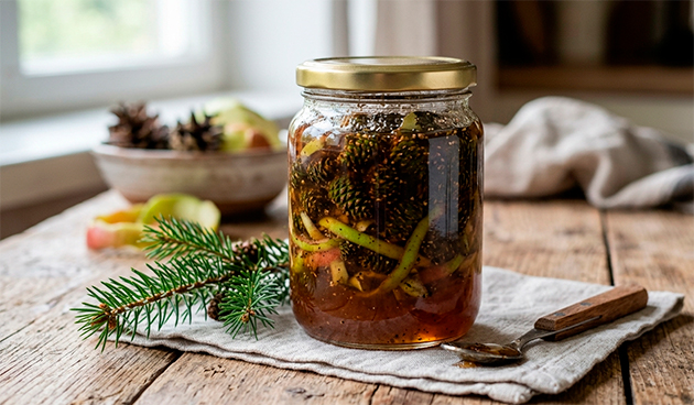 Варенье из шишек ели с яблочной кожурой
